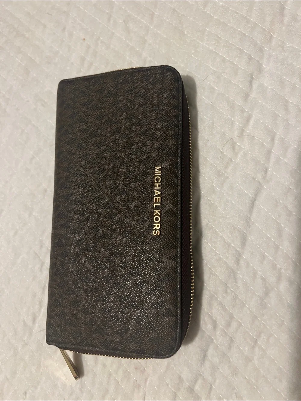 Michael Kors Brown Logo-Print Zip Wallet with Gold Accent
